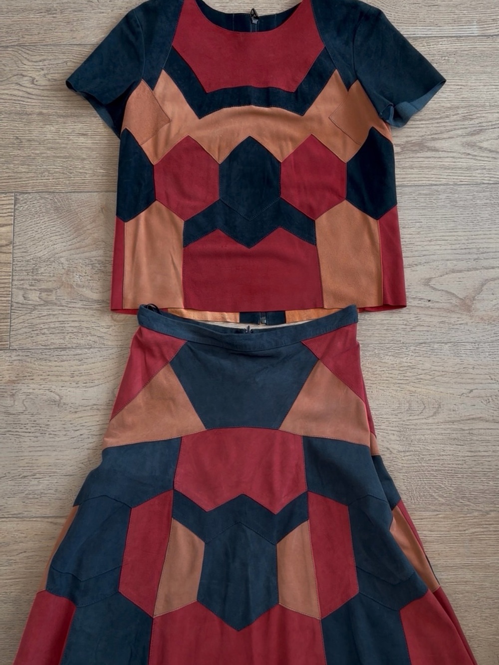 Geometric Colorblock Two-Piece Set in Burgundy, Navy & Tan